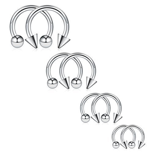 Ruifan 8PCS Surgical Steel CBR Nose Septum Horseshoe Earring Eyebrow Tongue Lip Piercing Ring with Balls & Spikes 14G 8-14mm - Silver - Image 3