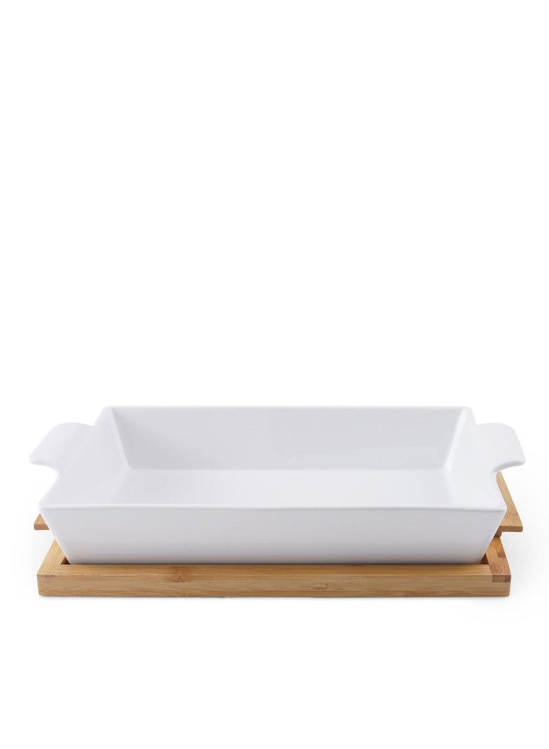 Pan Home صينية خبز مستطيلة من ناتورا مع غطاء من الخيزران، سعة 2.2 لتر، أبيض - Image 1