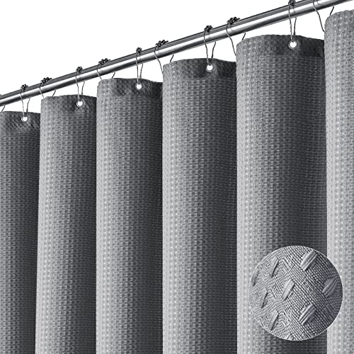 Dynamene Stall Fabric Shower Curtain - 60 x 84 inch Long Waffle Weave Weighted Thick Cloth Shower Curtain for Bathroom, Neutral Heavy Duty Hotel Spa Luxury Bath Curtain Set with 10 Hook, Grey/Gray - Image 1