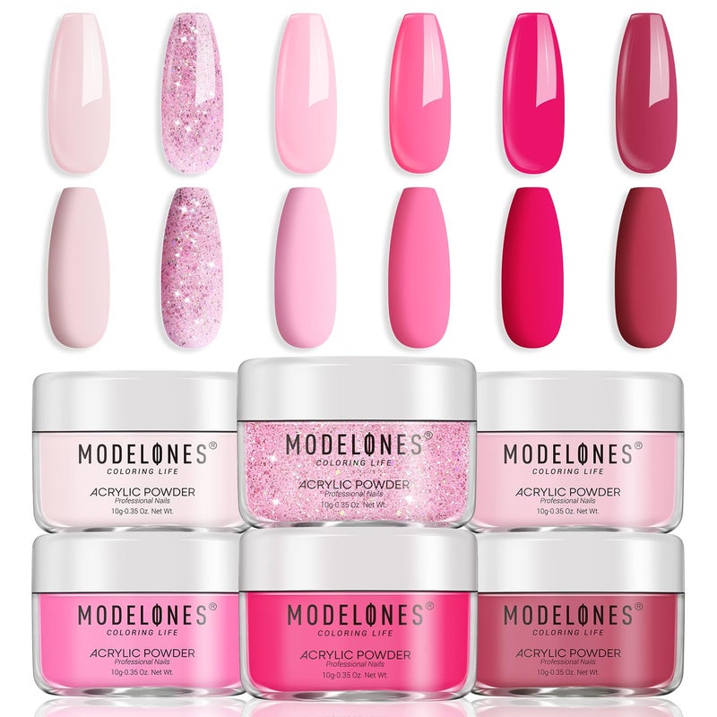 Modelones Pink Acrylic Powder 6 Colors Acrylic Nail Powder Kit Neon Glitter Summer Acrylic Nail Powder Valentine's Acrylic Cover Powder for Nail Art Extension No Nail Lamp Needed (A3-LoveStruck Blush) - Image 1