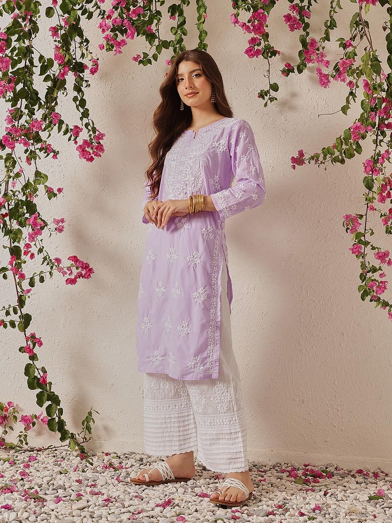 Ada Hand Embroidered Lucknowi Chikankari Cotton Kurta Kurti Tunic for Women A411697 Lilac (3XL) - Image 4