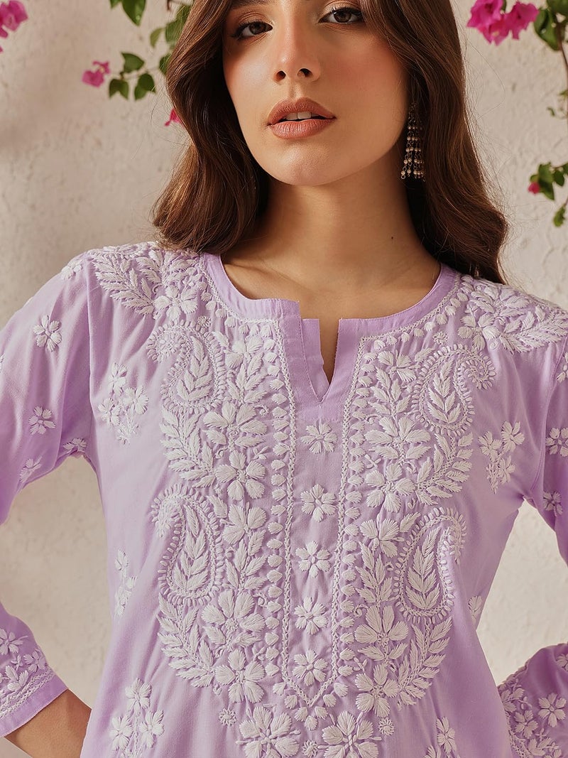 Ada Hand Embroidered Lucknowi Chikankari Cotton Kurta Kurti Tunic for Women A411697 Lilac (3XL) - Image 5