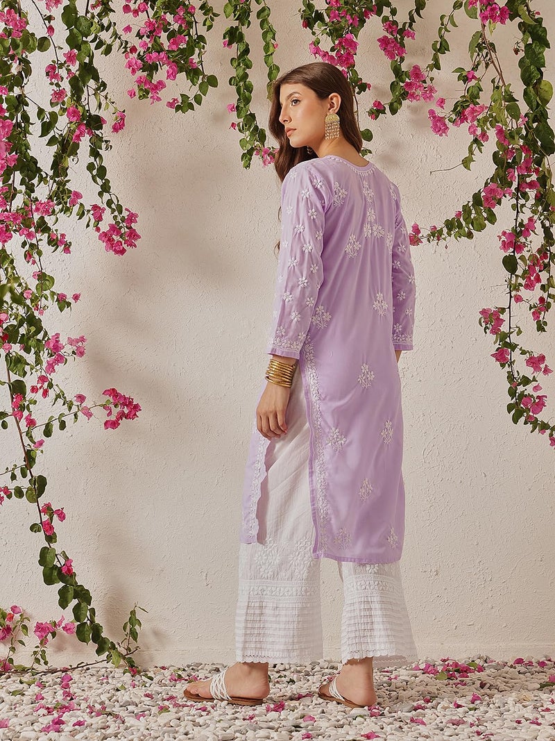 Ada Hand Embroidered Lucknowi Chikankari Cotton Kurta Kurti Tunic for Women A411697 Lilac (3XL) - Image 2