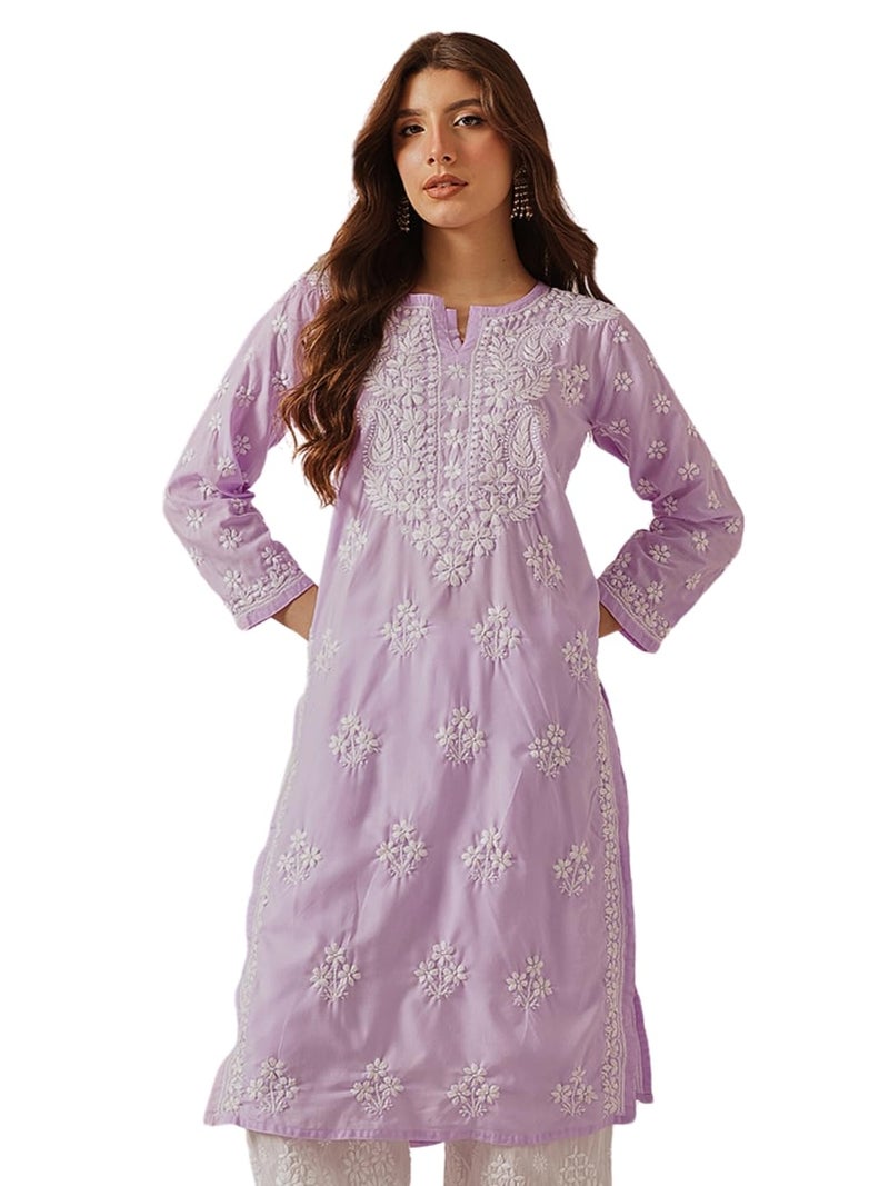 Ada Hand Embroidered Lucknowi Chikankari Cotton Kurta Kurti Tunic for Women A411697 Lilac (3XL) - Image 1
