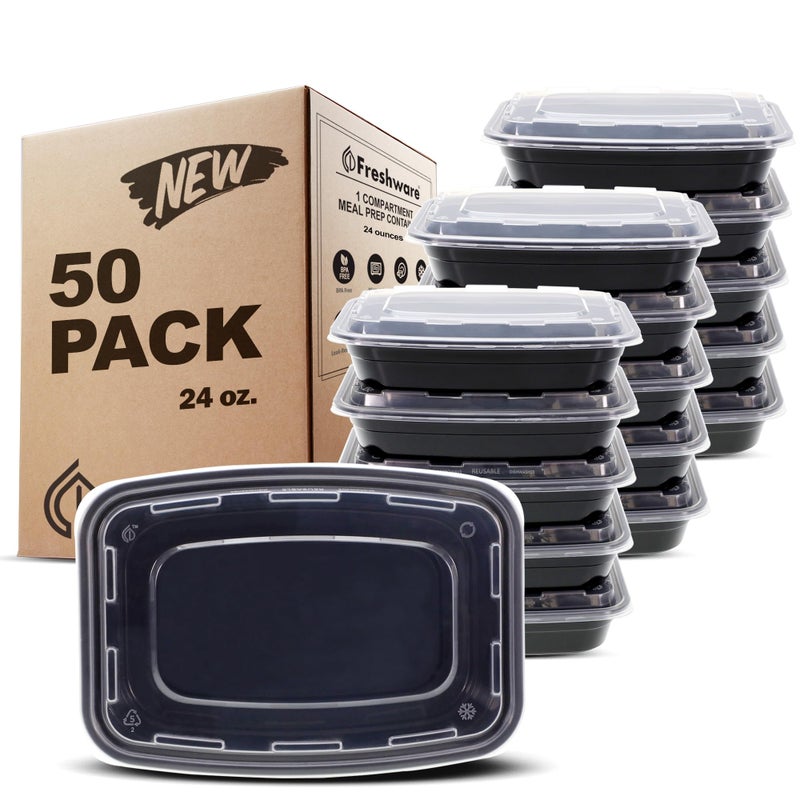 Freshware Meal Prep Containers [50 Pack] 1 Compartment with Lids, Food Storage Containers, Bento Box, BPA Free, Stackable, Microwave/Dishwasher/Freezer Safe (24 oz) - Image 1