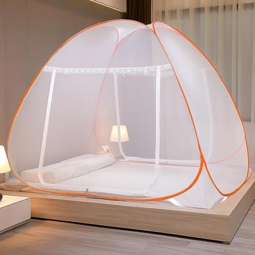 Evafly Mosquito Net for Double Bed | King Size Foldable Machardani | Polyester 30GSM Strong Net |PVC Coated Corrosion Resistant Steel Wire - Orange - Image 1