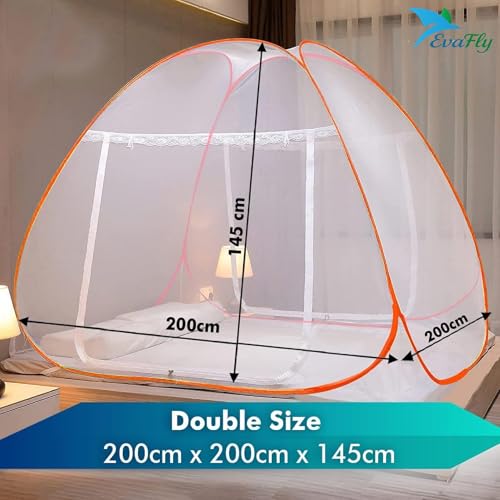 Evafly Mosquito Net for Double Bed | King Size Foldable Machardani | Polyester 30GSM Strong Net |PVC Coated Corrosion Resistant Steel Wire - Orange - Image 2