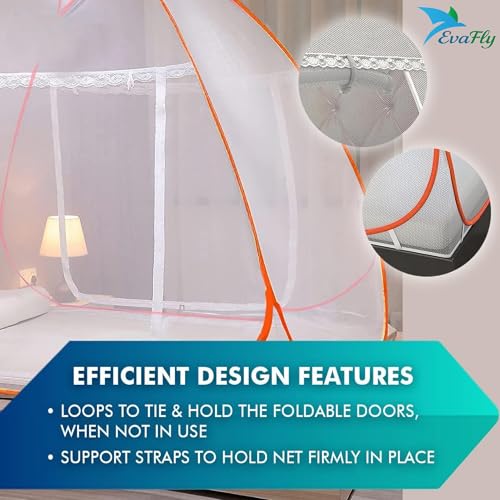 Evafly Mosquito Net for Double Bed | King Size Foldable Machardani | Polyester 30GSM Strong Net |PVC Coated Corrosion Resistant Steel Wire - Orange - Image 5