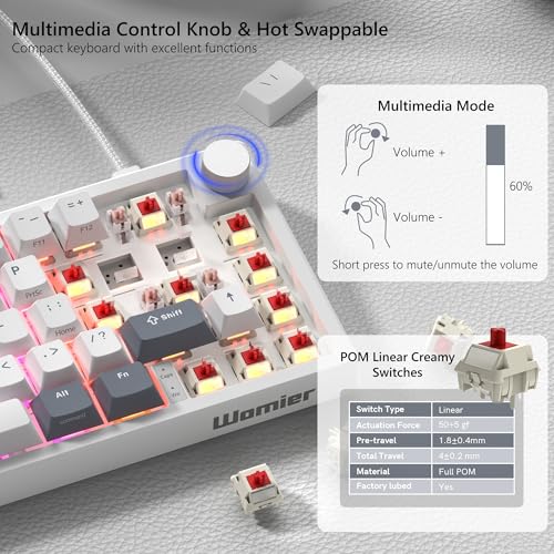 Womier لوحة مفاتيح الألعاب وومير VK66 PRO 60% سلكية، لوحة مفاتيح ميكانيكية كريمية QMK/VIA، لوحة مفاتيح RGB قابلة للتبديل مع قاعدة ومفاتيح شفافة (بيضاء) - Image 3