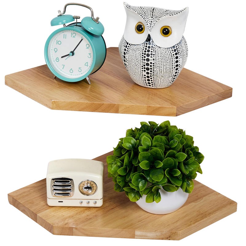 Corner Wall Shelves Corner Floating Shelves Set of 2 Solid Oak Wood Display Shelf with Wire Hole Small Plant for Kitchen Living Room Natural