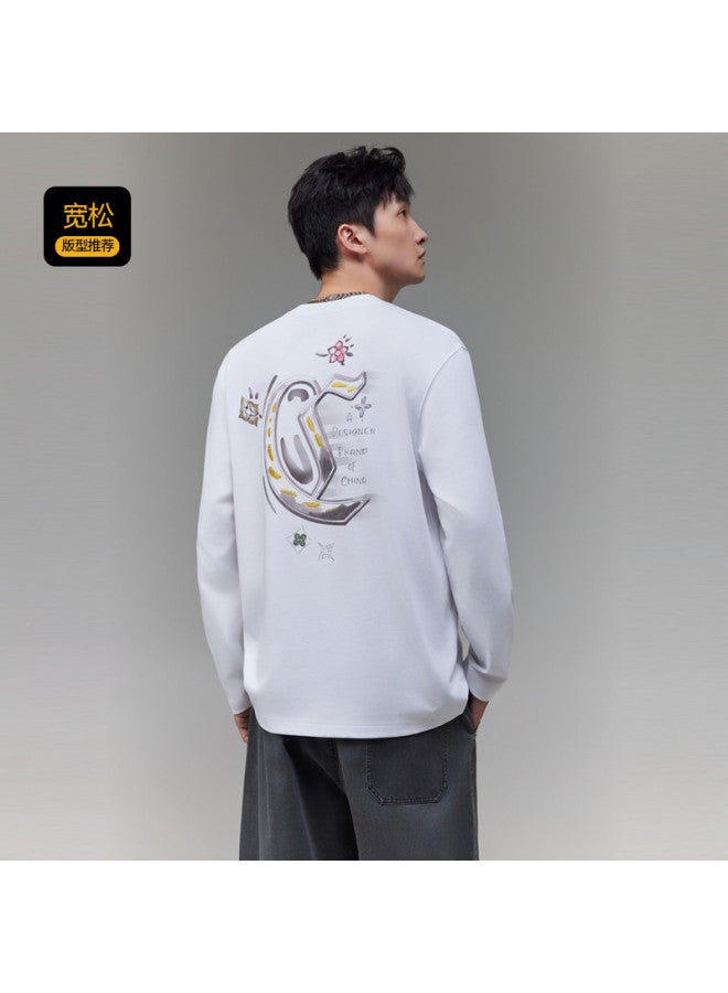 Cabbeen G Heavyweight Plain Weave] Men's T-shirt With National Trend Window Flower Element, Comfortable And Breathable Winter Long Sleeve T-shirt - Image 5
