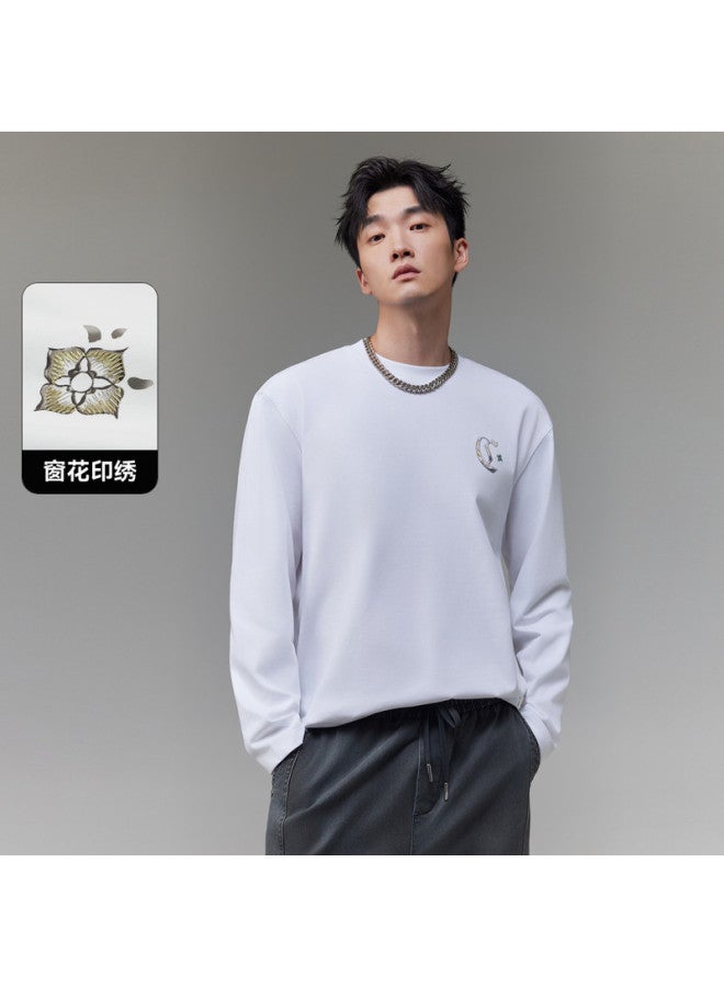 Cabbeen G Heavyweight Plain Weave] Men's T-shirt With National Trend Window Flower Element, Comfortable And Breathable Winter Long Sleeve T-shirt - Image 2