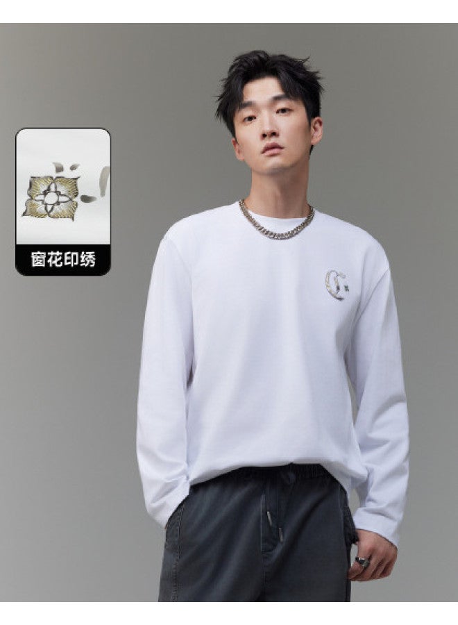 Cabbeen G Heavyweight Plain Weave] Men's T-shirt With National Trend Window Flower Element, Comfortable And Breathable Winter Long Sleeve T-shirt - Image 1