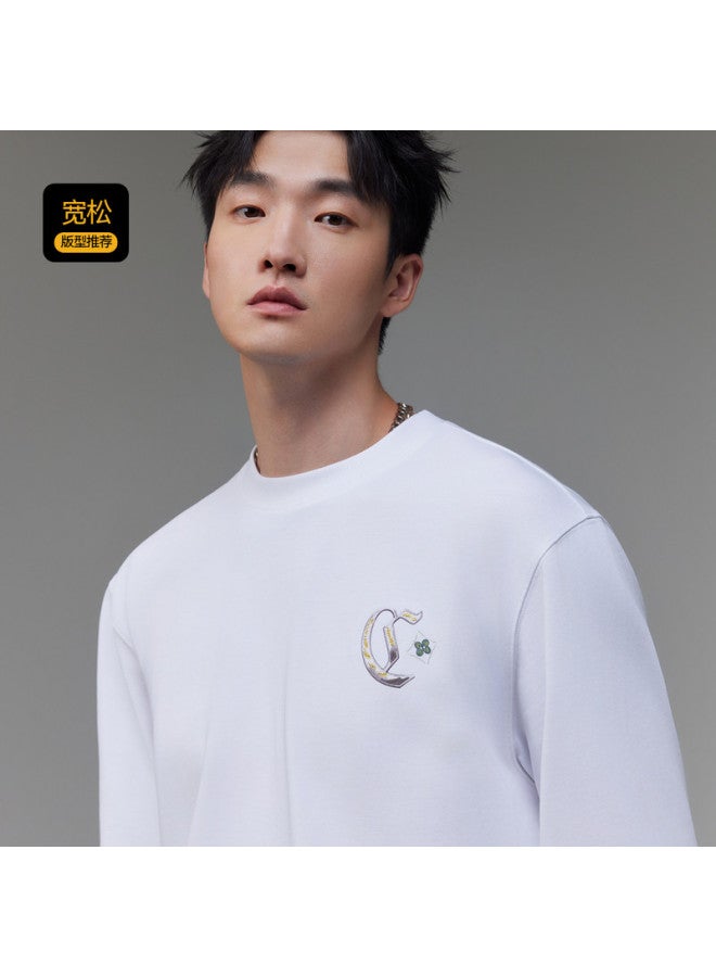 Cabbeen G Heavyweight Plain Weave] Men's T-shirt With National Trend Window Flower Element, Comfortable And Breathable Winter Long Sleeve T-shirt - Image 4