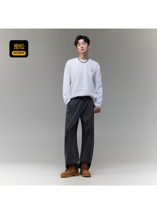 Cabbeen G Heavyweight Plain Weave] Men's T-shirt With National Trend Window Flower Element, Comfortable And Breathable Winter Long Sleeve T-shirt - Image 3