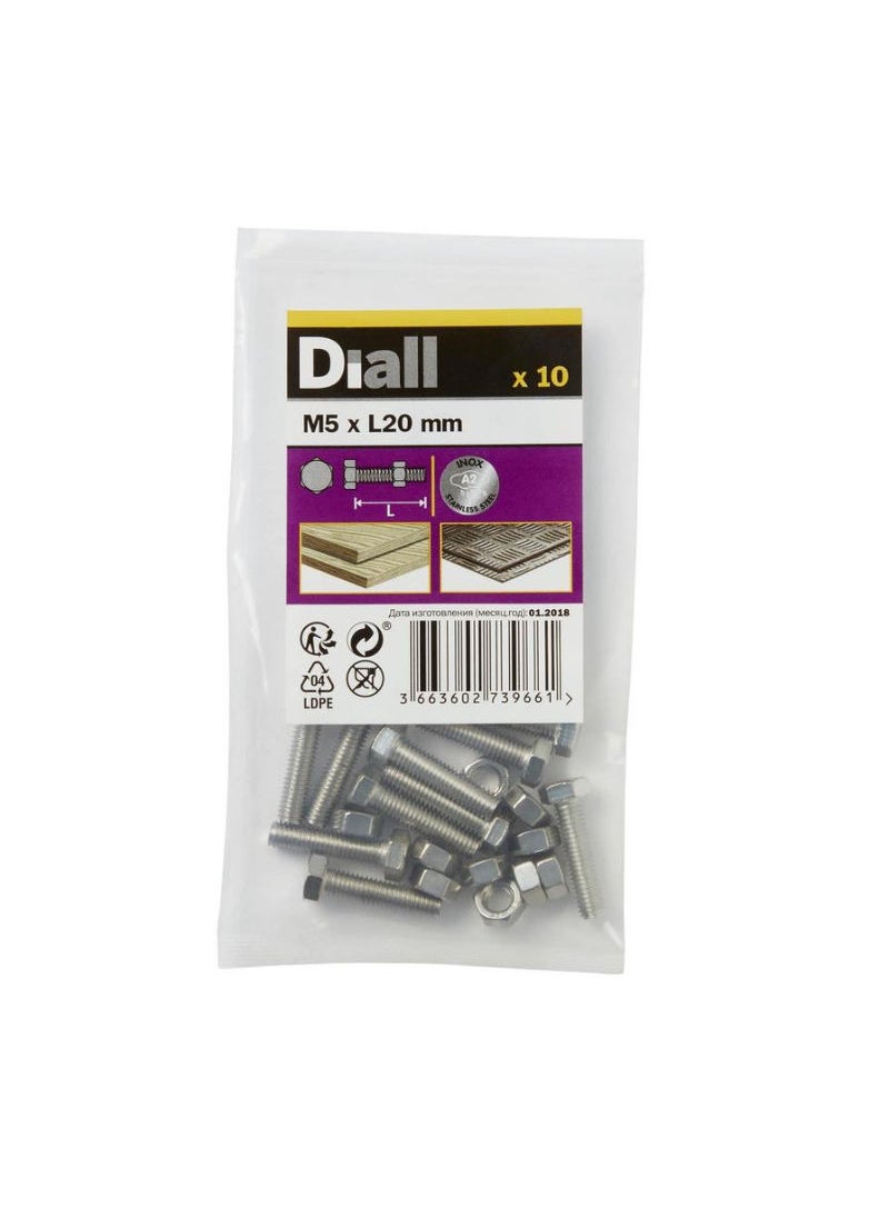 ACE Diall Stainless Steel Hex Nut And Bolt Pack M5 x 20mm 10Pcs 