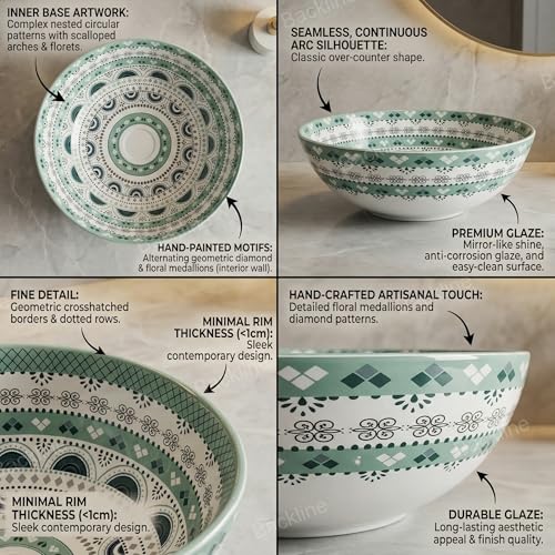 B Backline Ceramic Moroccan Wash Basin Countertop | Tabletop Ceramic Bathroom Sink | Modern Wash Basin | Basin For Bathroom 41 X 41 X 14 Cm (Glossy Finish) (Green Moroccan) (5 Year Warrenty) - Image 2