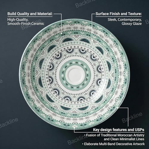 B Backline Ceramic Moroccan Wash Basin Countertop | Tabletop Ceramic Bathroom Sink | Modern Wash Basin | Basin For Bathroom 41 X 41 X 14 Cm (Glossy Finish) (Green Moroccan) (5 Year Warrenty) - Image 4