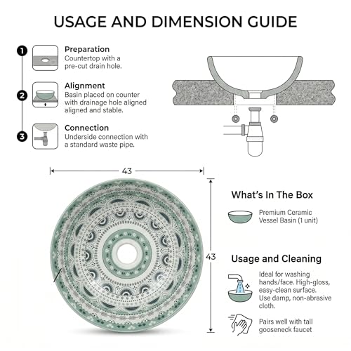 B Backline Ceramic Moroccan Wash Basin Countertop | Tabletop Ceramic Bathroom Sink | Modern Wash Basin | Basin For Bathroom 41 X 41 X 14 Cm (Glossy Finish) (Green Moroccan) (5 Year Warrenty) - Image 3