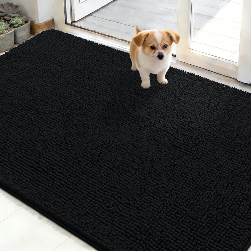 OLANLY Dog Door Mat for Muddy Paws 48x30, Absorbs Moisture and Dirt, Absorbent Non-Slip Washable Doormat, Quick Dry Chenille Mud Mat for Dogs, Entry Indoor Entryway Carpet for Inside Floor, Black - Image 1