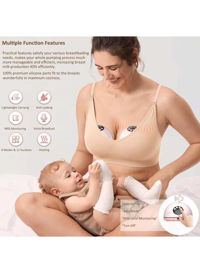 Hands-Free Double Electric Breast Pump - Portable Cordless Breastfeeding Pump, Quiet Hospital-Grade Suction, Leak-Proof, Warming, Voice Broadcast, 4 Modes, 12 Suction Levels with All Size Nipples (Pink) - Image 2