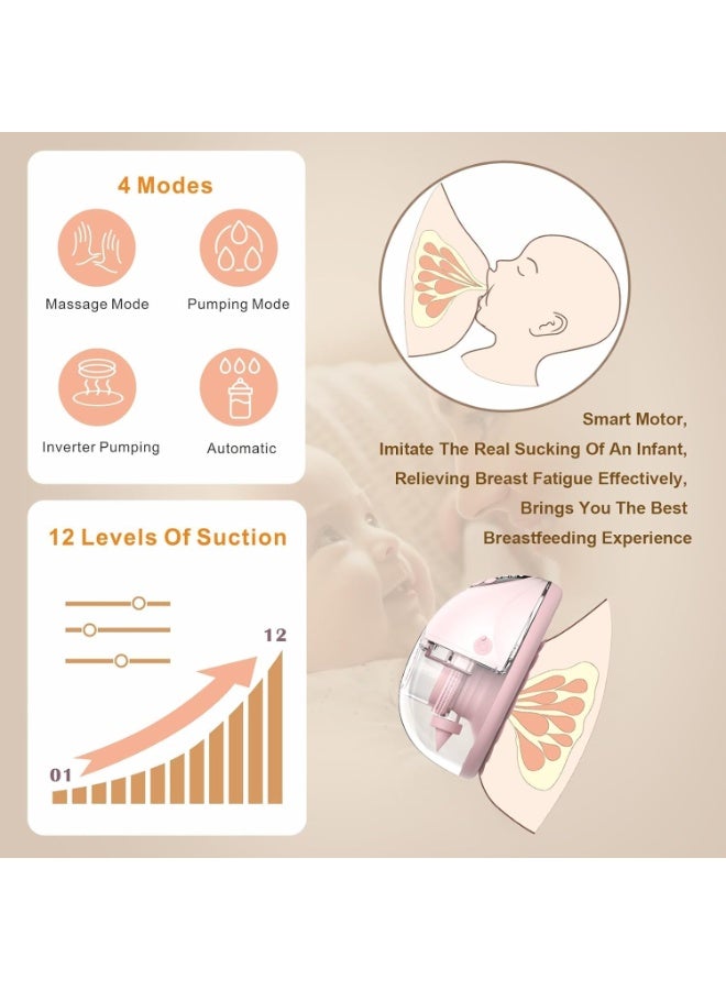 Hands-Free Double Electric Breast Pump - Portable Cordless Breastfeeding Pump, Quiet Hospital-Grade Suction, Leak-Proof, Warming, Voice Broadcast, 4 Modes, 12 Suction Levels with All Size Nipples (Pink) - Image 3