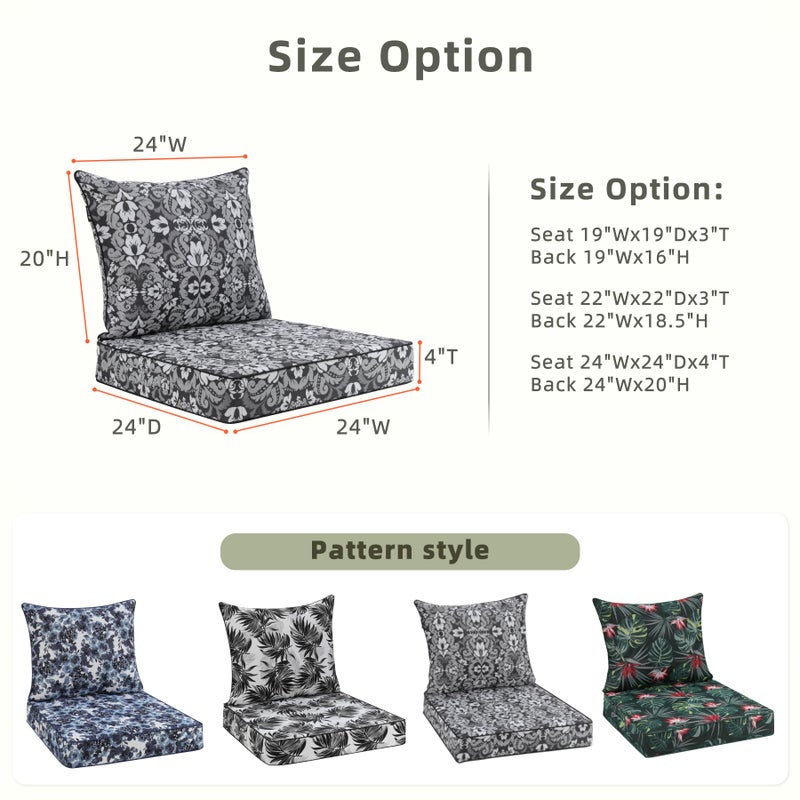 Favoyard Outdoor Seat Cushion 24 x 24 x 4 in Waterproof Pattern Fade Resistant Cover Removable Patio Furniture Cushions Deep Seat & Back Cushion Set with Adjustable Straps for Patio Chair Sofa Couch - Image 2