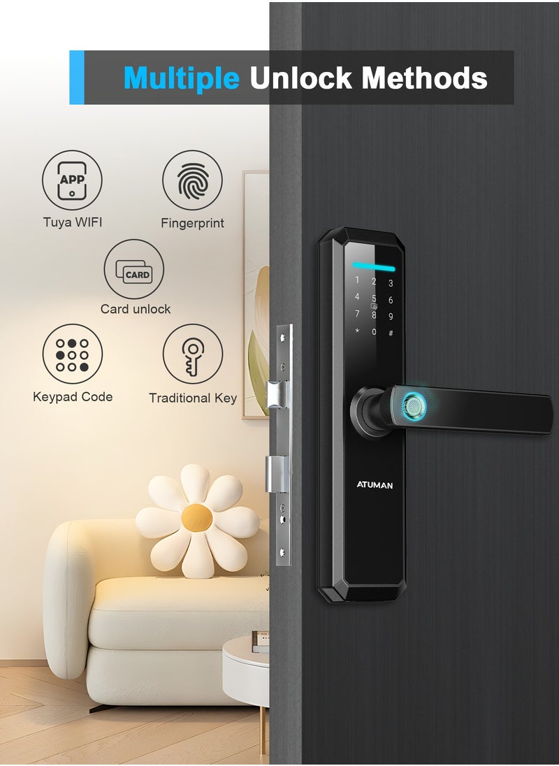 Smart Door Lock with Handle, WiFi Door Lock with Tuya APP Control, Door Locks with Keypads, Anti-Peeping Password, Auto Lock One Touch Unlock,Color black,4585 Mortise(701MLJ)