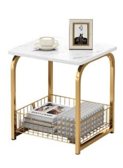 Modern End Table With Storage Basket Sofa Side Table With Marble Design For Living Room