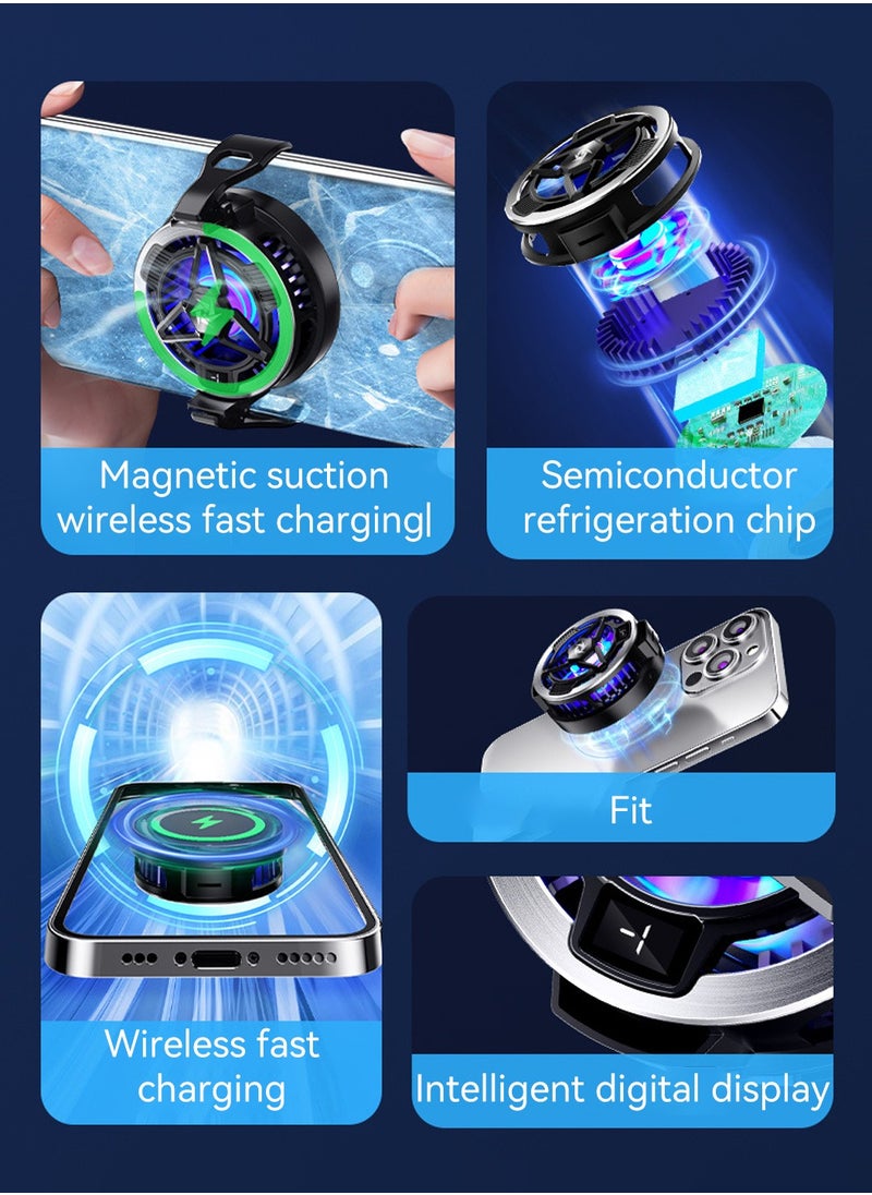 Magnetic Cell Phone Cooler,15W Magnetic Fast Charger,Game Semiconductor Cool with LED Temperature Display,for Gaming and Live Streaming Cellphone Radiator