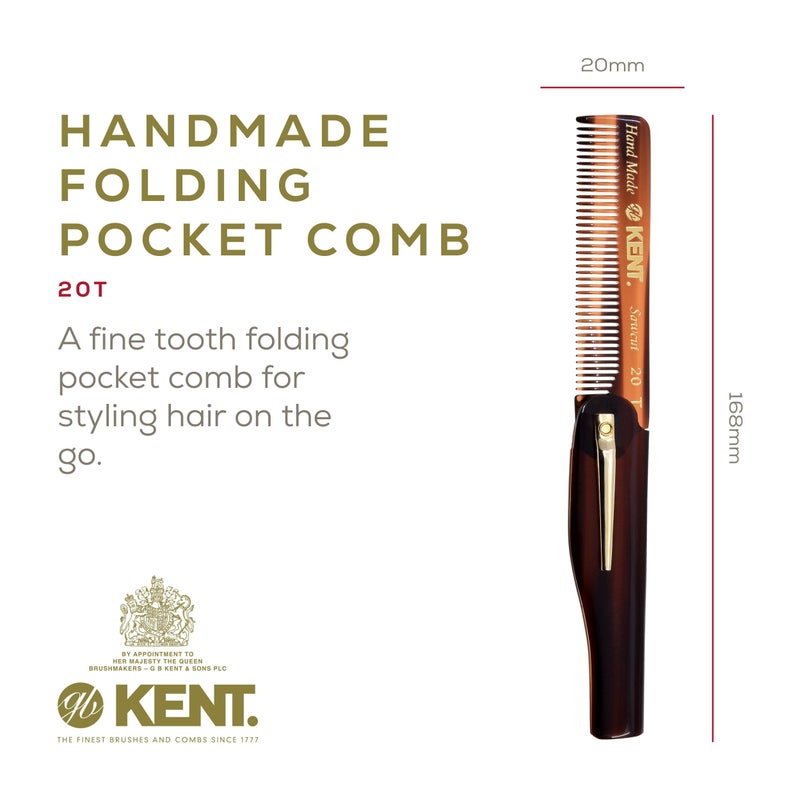 Kent 20T Handmade Folding Pocket Comb for Men, Fine Tooth Hair Comb Straightener for Everyday Grooming Styling Hair, Beard or Mustache, Use Dry or with Balms, Saw Cut Hand Polished, Made in England - Image 2