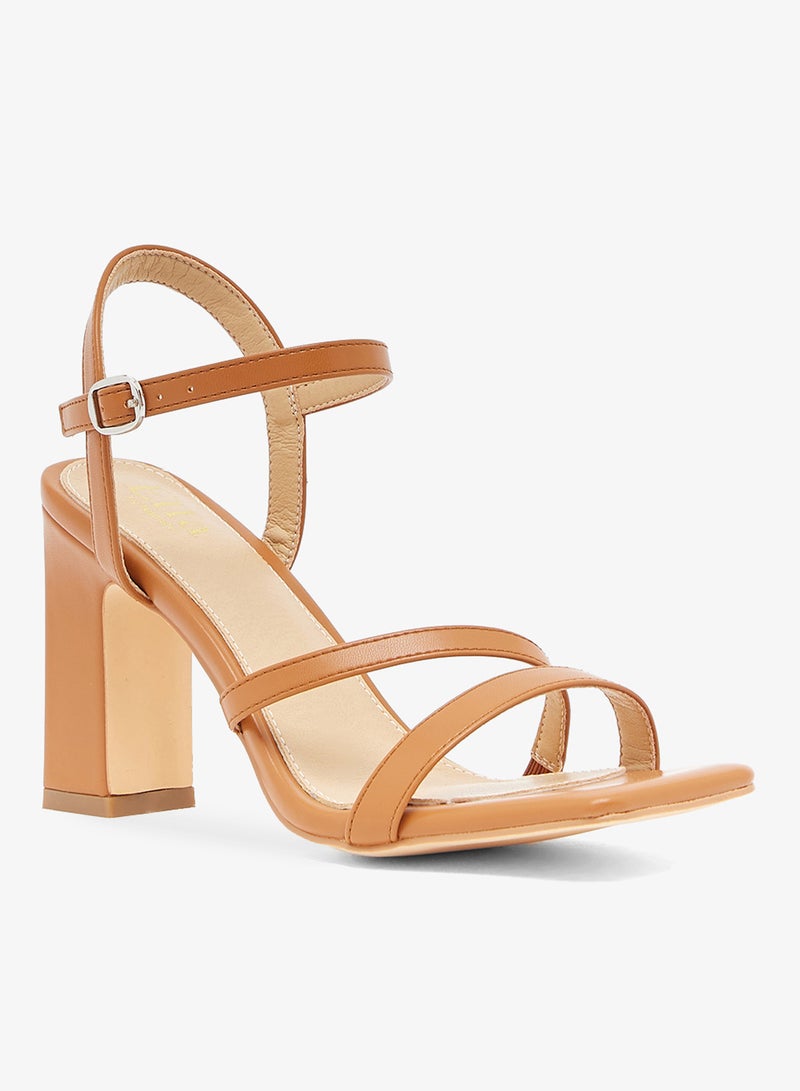 Ella Limited Edition Camel block heel sandal with ankle strap and three front straps - Image 2