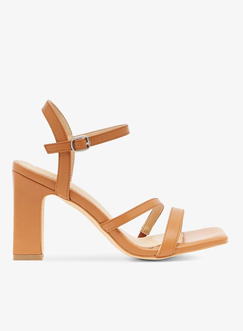 Camel block heel sandal with ankle strap and three front straps