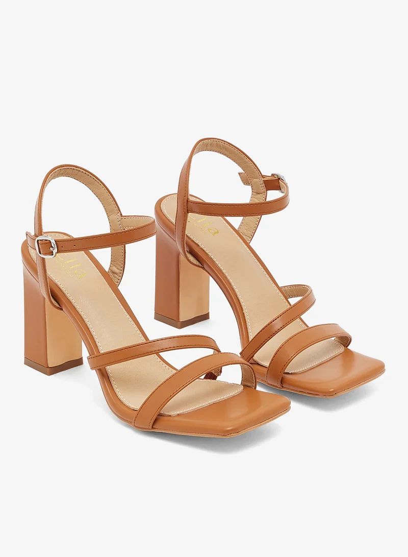 Ella Limited Edition Brown Camel block heel sandal with ankle strap and three front straps for Women | Best Price UAE