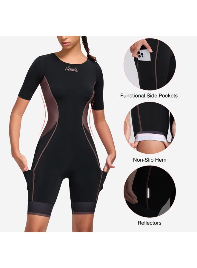 Santic Triathlon Suit for Women Short Sleeve Padded Trisuit Quick-Dry for Swim Bike Run,Brown,XL - Image 3