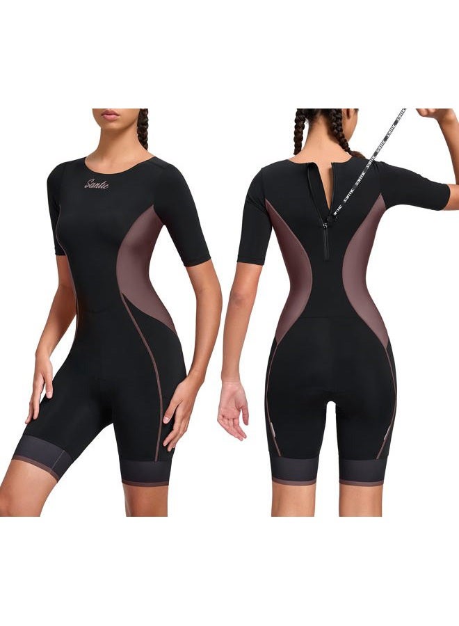 Santic Triathlon Suit for Women Short Sleeve Padded Trisuit Quick-Dry for Swim Bike Run,Brown,XL - Image 1