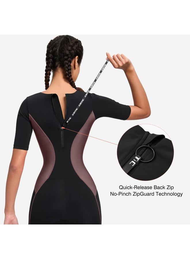 Santic Triathlon Suit for Women Short Sleeve Padded Trisuit Quick-Dry for Swim Bike Run,Brown,XL - Image 4