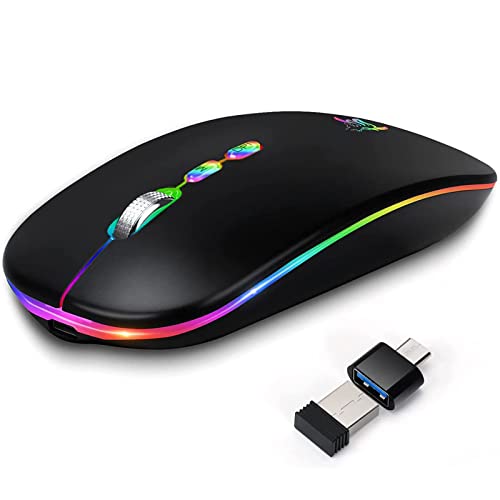 HOTLIFE LED Wireless Mouse, Slim Rechargeable Silent Portable USB Optical 2.4G Wireless Bluetooth Two Mode Computer Mice with USB Receiver and Type C Adapter (Black) - Image 1