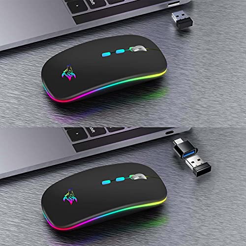 HOTLIFE LED Wireless Mouse, Slim Rechargeable Silent Portable USB Optical 2.4G Wireless Bluetooth Two Mode Computer Mice with USB Receiver and Type C Adapter (Black) - Image 5
