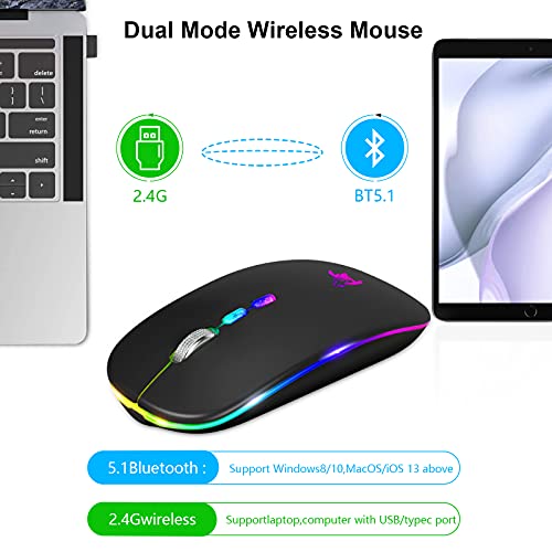 HOTLIFE LED Wireless Mouse, Slim Rechargeable Silent Portable USB Optical 2.4G Wireless Bluetooth Two Mode Computer Mice with USB Receiver and Type C Adapter (Black) - Image 4