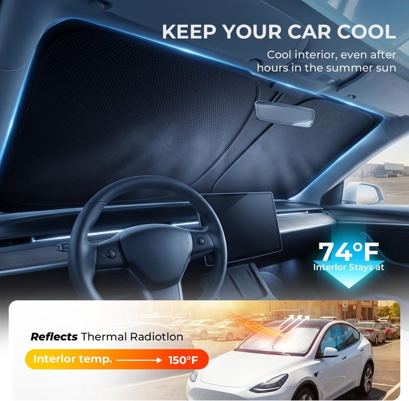 ظل شمسي للزجاج الأمامي من Doogoocoo لسيارات Tesla Model Y وModel 3 (2017–2026)، [حماية من أشعة الشمس وتبريد]؛ مصمم خصيصًا لسيارات Tesla، يحافظ على برودة الداخل ويحمي المقصورة. - Image 3