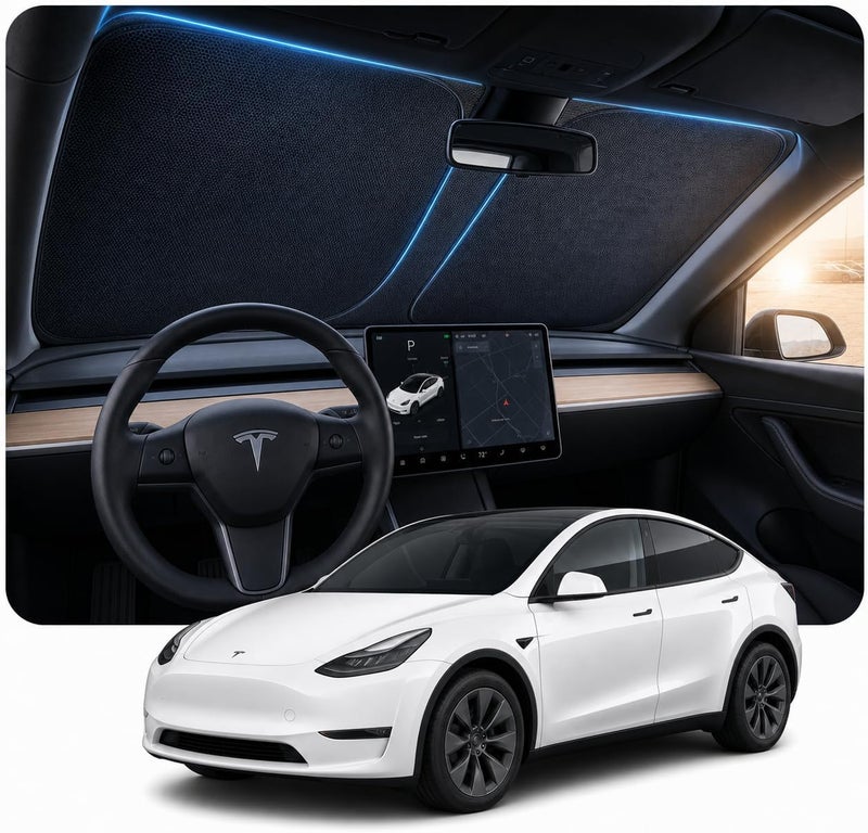 ظل شمسي للزجاج الأمامي من Doogoocoo لسيارات Tesla Model Y وModel 3 (2017–2026)، [حماية من أشعة الشمس وتبريد]؛ مصمم خصيصًا لسيارات Tesla، يحافظ على برودة الداخل ويحمي المقصورة. - Image 1