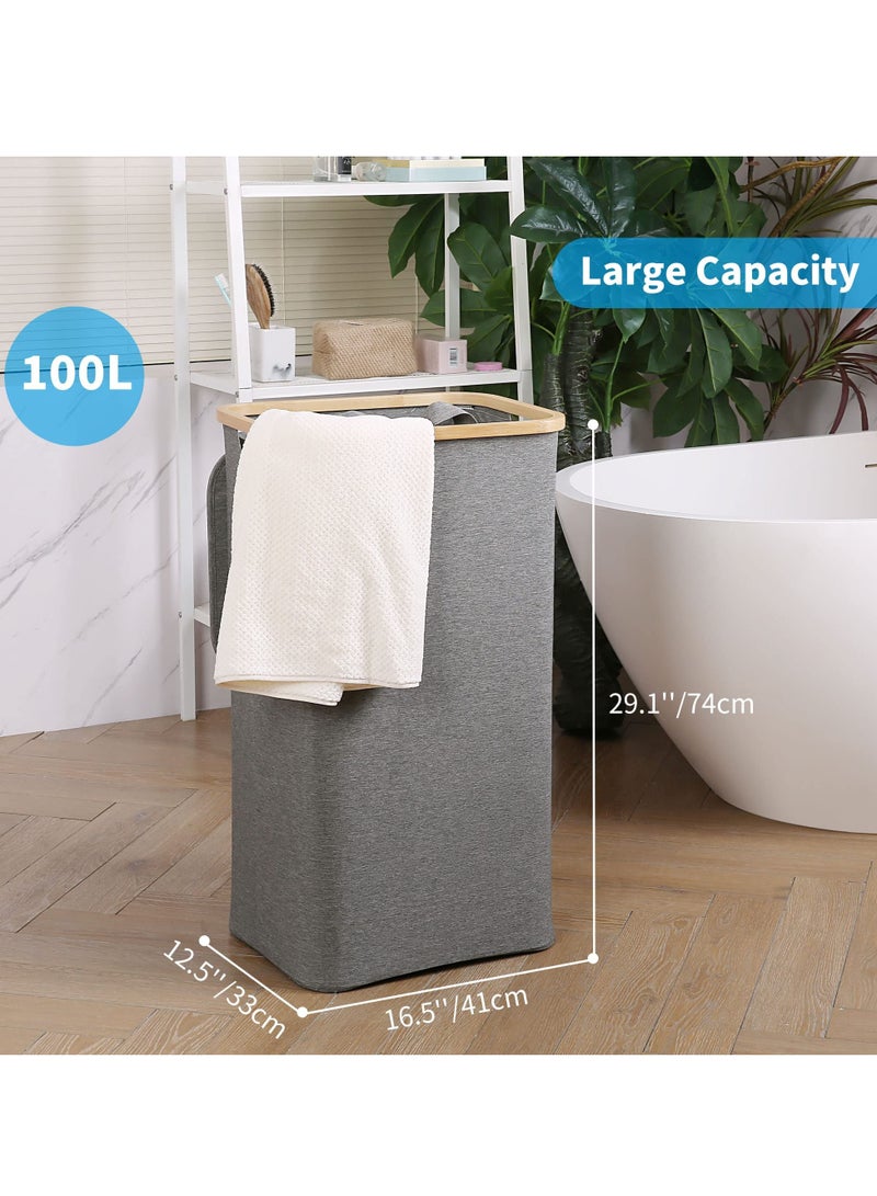 Large 100L Laundry Hamper with Lid & Bamboo Handles - Collapsible Storage Basket for Clothes, Toys, Blankets & Towels - Ideal for Bedroom & Bathroom, Grey - Image 3