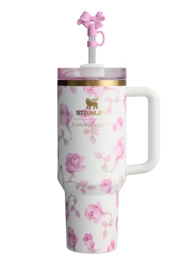 Stanley x LoveShackFancy Quencher 40OZ Ribbon Rosa,Presented in Elegant Gift-Ready Packaging