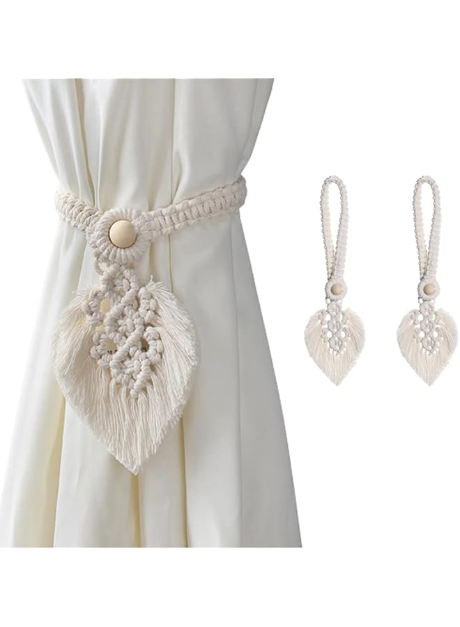 إيروريكس مجموعة من 2 رباط ستائر من القطن المحبوك يدويًا مع خرز خشبي طبيعي قابل للتعديل وحبل قطني منسوج لديكور المنزل البوهيمي لتثبيت الستائر للديكور المنزلي والمكتب - Image 1