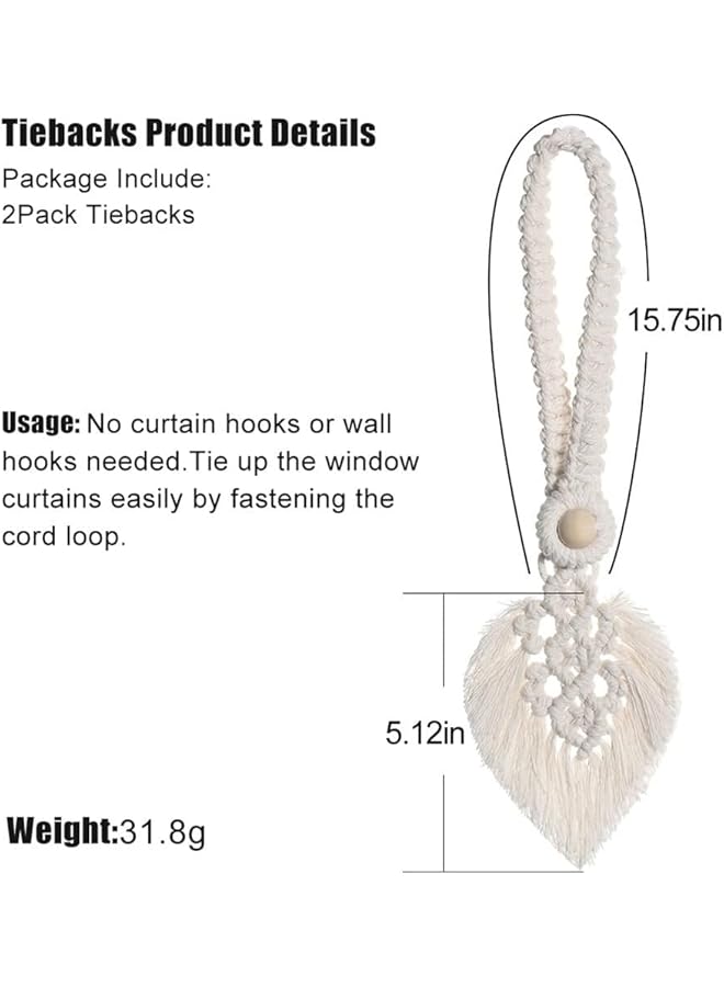 إيروريكس مجموعة من 2 رباط ستائر من القطن المحبوك يدويًا مع خرز خشبي طبيعي قابل للتعديل وحبل قطني منسوج لديكور المنزل البوهيمي لتثبيت الستائر للديكور المنزلي والمكتب - Image 2
