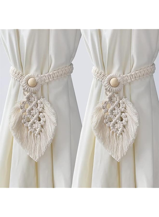 إيروريكس مجموعة من 2 رباط ستائر من القطن المحبوك يدويًا مع خرز خشبي طبيعي قابل للتعديل وحبل قطني منسوج لديكور المنزل البوهيمي لتثبيت الستائر للديكور المنزلي والمكتب - Image 4