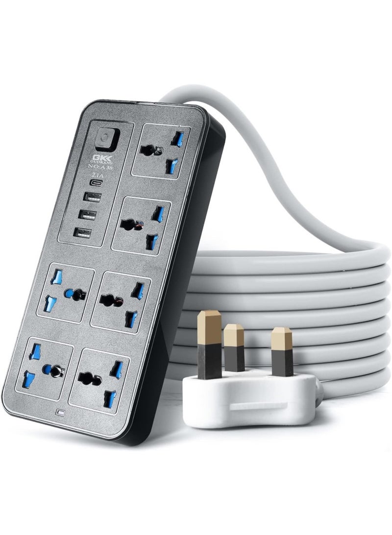 OasisLink Universal Extension Socket | 2 Meter Wire | 6 AC Outlets | 3 USB Ports | 1 USB-C Port | UK Plug 3 Pin Socket Outlet | Surge Protector Power Strip for Home, Office, and Electronics (Black) - Image 1