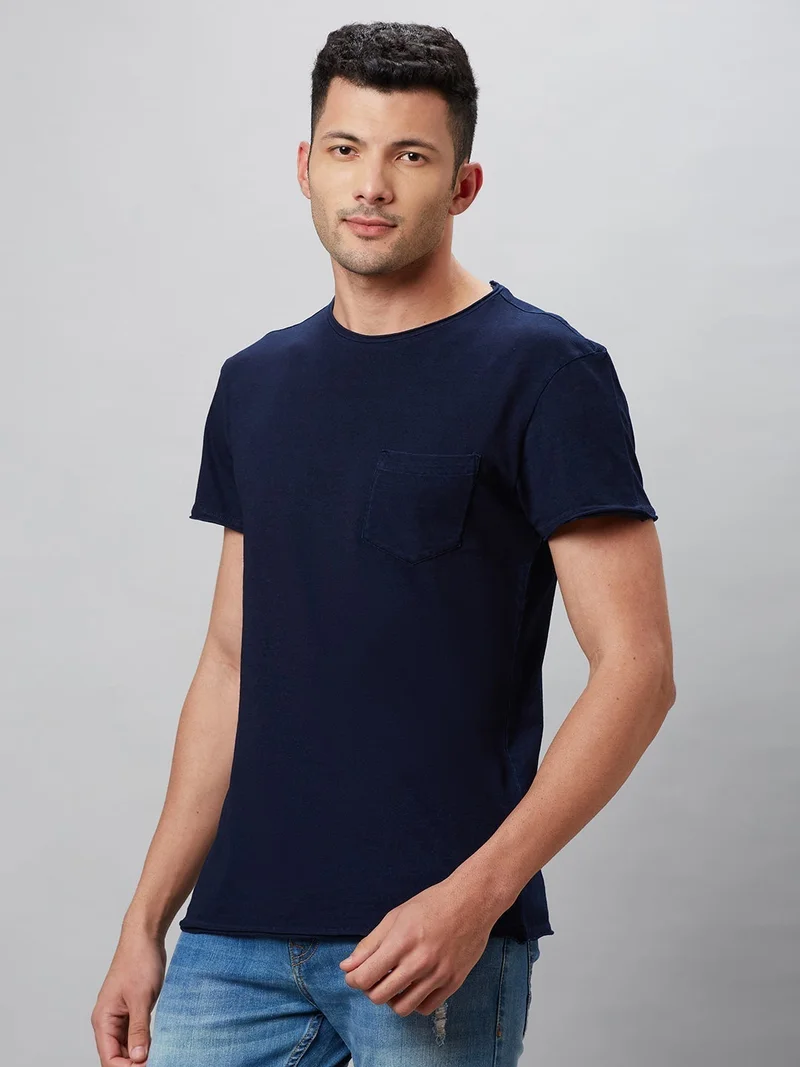 globus Globus Men Navy Blue Solid Cotton Round Neck Regular Fit T-shirt