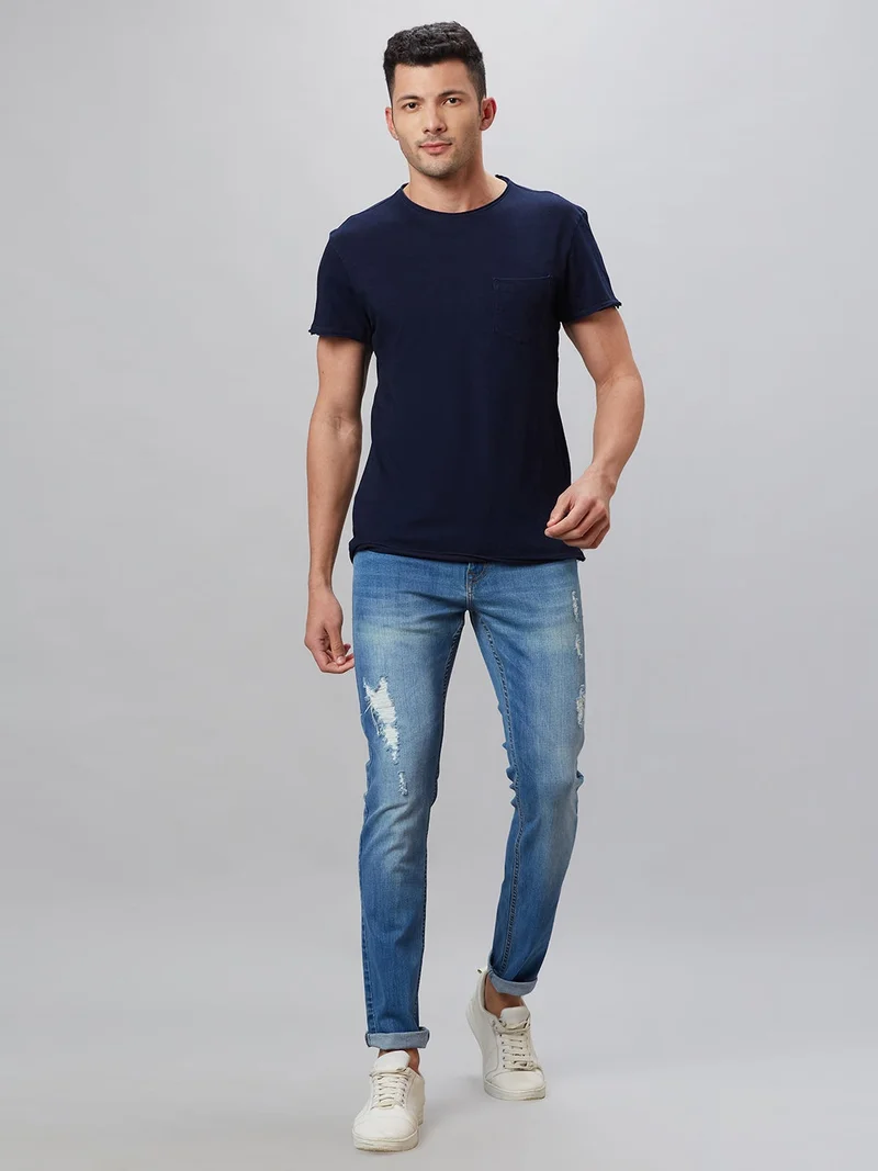 globus Globus Men Navy Blue Solid Cotton Round Neck Regular Fit T-shirt
